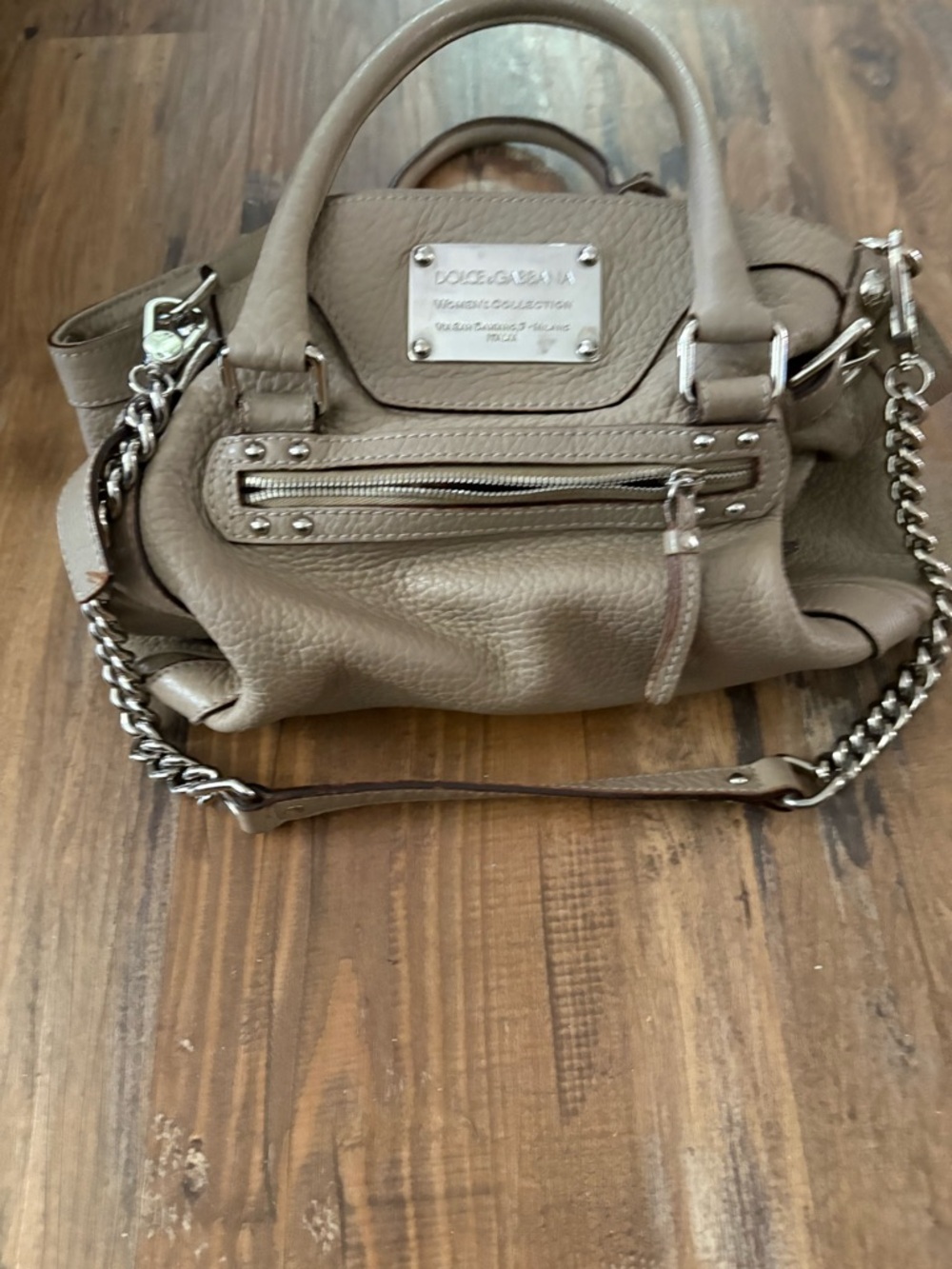 Dolce & Gabbana Taupe Pebbled Leather Chain-Strap Crossbody
